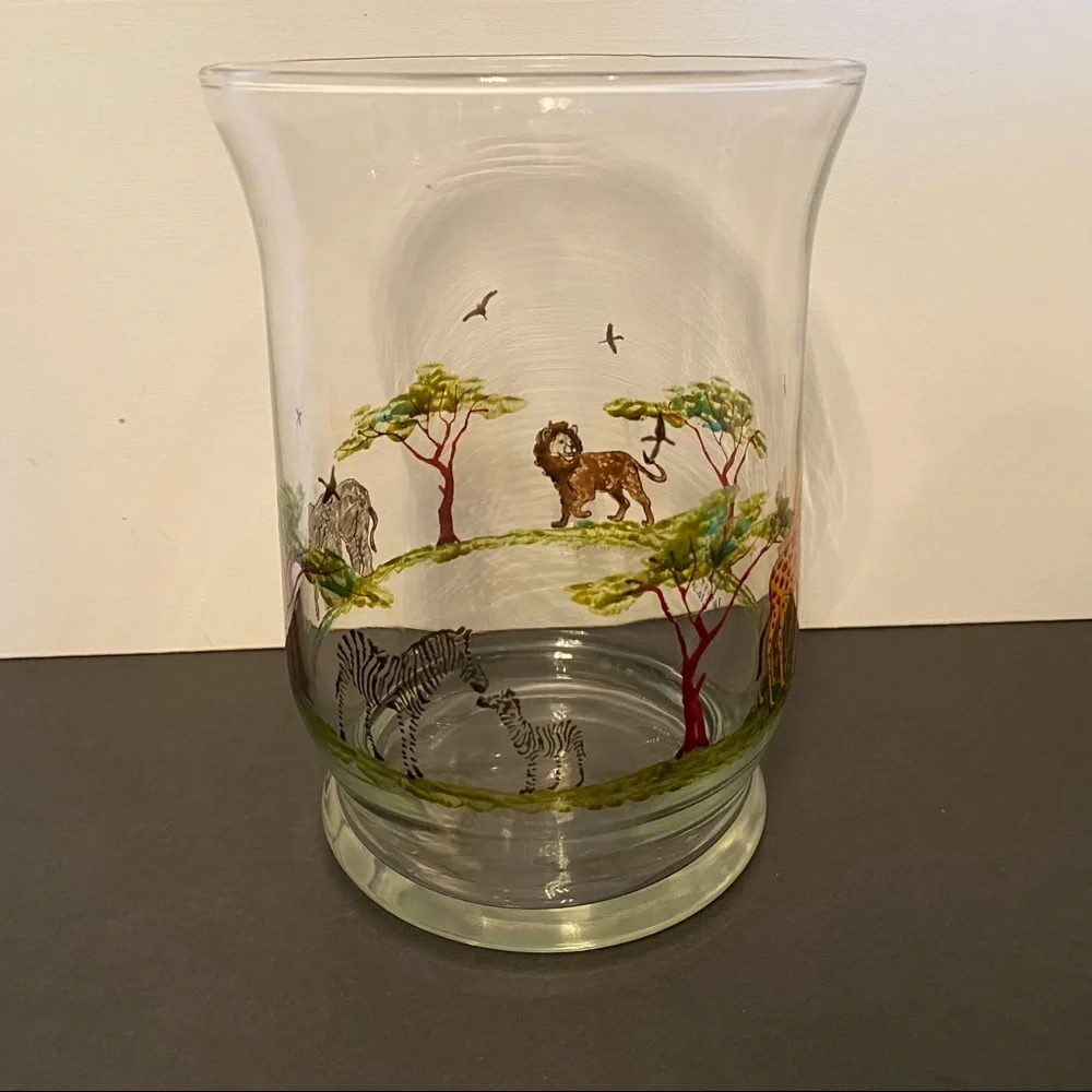 LOZIER GLASS CANDLE HOLDER HAND PAINTED SAFARI ANIMALS 8” HIGH HOME ACCENT USA